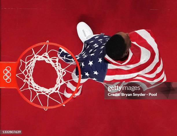 Bam Adebayo of Team United States celebrates following the United States' victory over France in the Men's Basketball Finals game on day fifteen of...