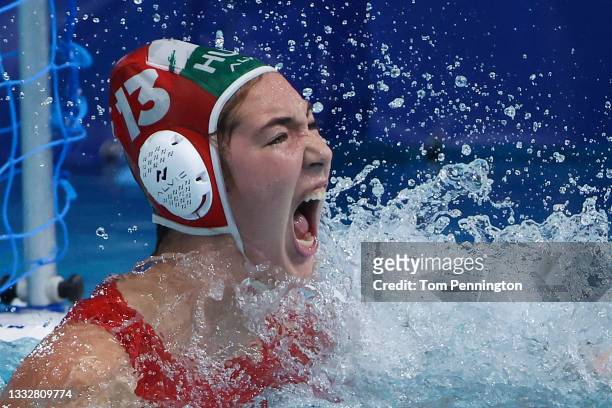 Alda Magyari of Team Hungary celebrates after scoring a goal to secure an 11-9 win during the Women’s Bronze Medal match between Hungary and Team ROC...