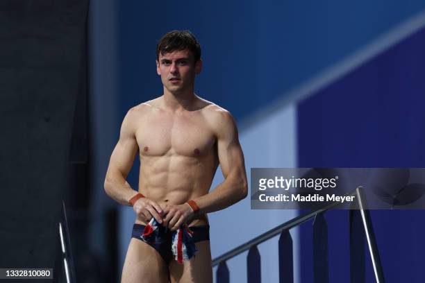 Thomas Daley of Team Great Britain looks on in the Men's 10m Platform Final on day fifteen of the Tokyo 2020 Olympic Games at Tokyo Aquatics Centre...