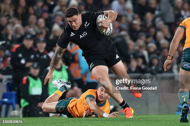 Codie Taylor of the All Blacks makes a break during the first Rugby Championship and Bledisloe Cup match between the New Zealand All Blacks and...