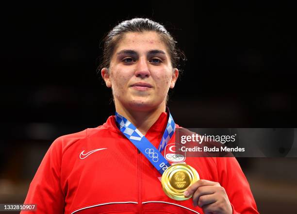 Busenaz Surmeneli of Team Turkey poses for a photo with her gold medal during the medal ceremony for the Women's Welter on day fifteen of the Tokyo...