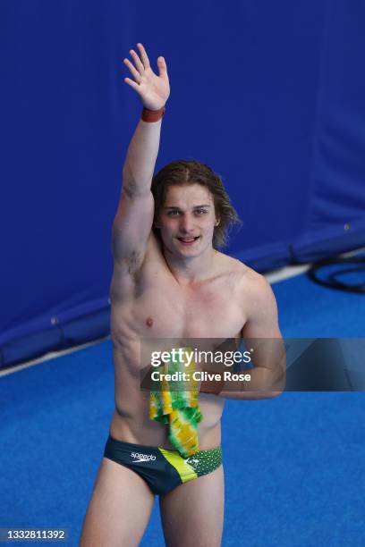 Cassiel Rousseau of Team Australia reacts after his final dive in the Men's 10m Platform Final on day fifteen of the Tokyo 2020 Olympic Games at...