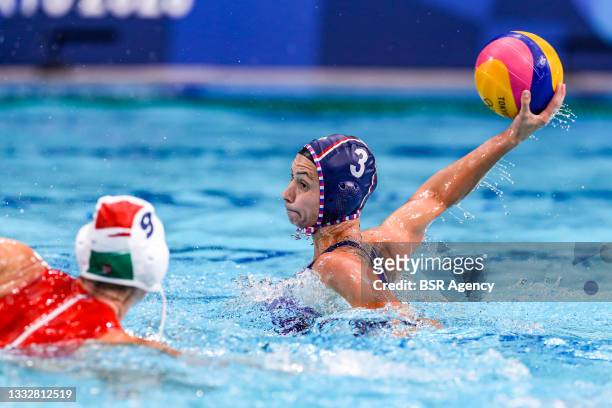 Ekaterina Prokofyeva of Team ROC during the Tokyo 2020 Olympic Waterpolo Tournament Women's Bronze Medal match between Hungary and ROC at Tatsumi...