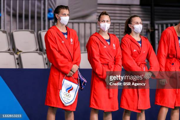 Ekaterina Prokofyeva of ROC, Mariia Bersneva of ROC, Elvina Karimova during the Tokyo 2020 Olympic Waterpolo Tournament Women's Bronze Medal match...