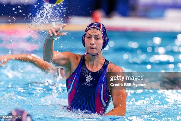 Ekaterina Prokofyeva of Team ROC during the Tokyo 2020 Olympic Waterpolo Tournament Women's Bronze Medal match between Team Hungary and Team ROC at...