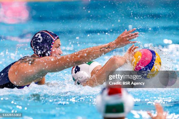 Ekaterina Prokofyeva of ROC, Greta Gurisatti of Team Team Hungary during the Tokyo 2020 Olympic Waterpolo Tournament Women's Bronze Medal match...