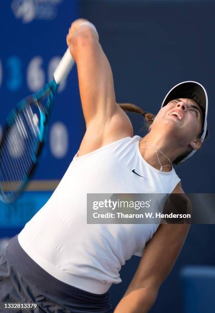 Ana Konjuh of Croatia serves to Shuai Zhang of China during their quarterfinal match on Day 5 of the Mubadala Silicon Valley Classic at Spartan...