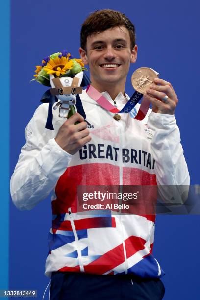 Bronze medalist Thomas Daley of Team Great Britain poses during the medal ceremony for the Men's 10m Platform Final on day fifteen of the Tokyo 2020...