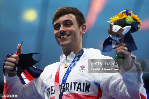 Bronze medalist Thomas Daley of Team Great Britain poses after the medal ceremony for the Men's 10m Platform Final on day fifteen of the Tokyo 2020...