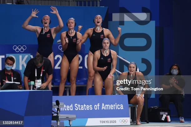 Team United States show their support from the bench during the Women's Gold Medal match between Spain and the United States on day fifteen of the...