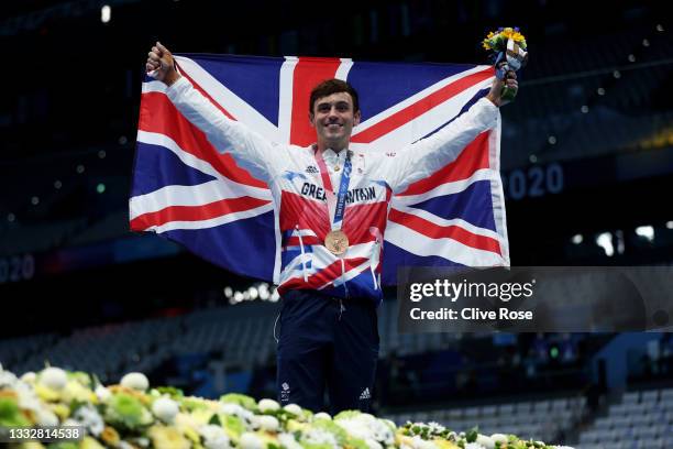 Bronze medalist Thomas Daley of Team Great Britain poses after the medal ceremony for the Men's 10m Platform Final on day fifteen of the Tokyo 2020...