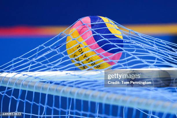 Ball gets stuck in the goal during the Women's Gold Medal match between Spain and the United States on day fifteen of the Tokyo 2020 Olympic Games at...