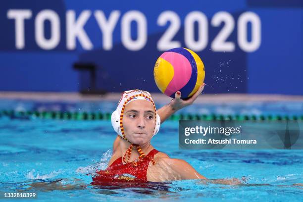 Roser Tarrago Aymerich of Team Spain on attack during the Women's Gold Medal match between Spain and the United States on day fifteen of the Tokyo...