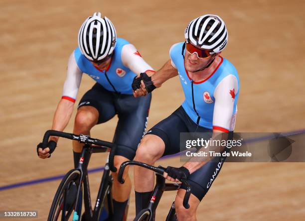 Derek Gee and Michael Foley of Team Canada compete during the Men's Madison final of the track cycling on day filthen of the Tokyo 2020 Olympic Games...