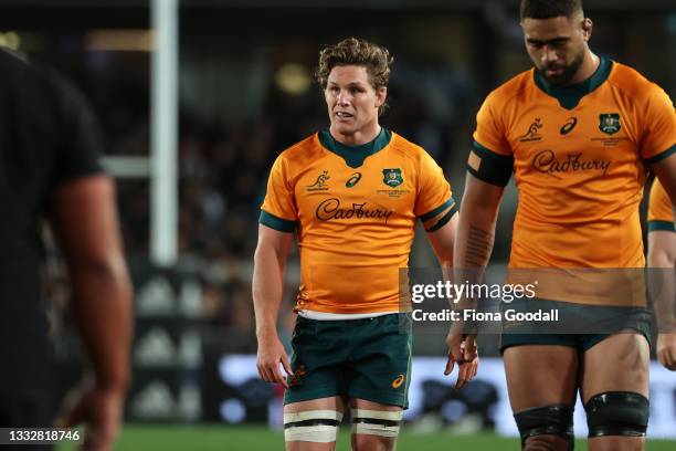 Michael Hooper, captain of the Wallabies during the first Rugby Championship and Bledisloe Cup match between the New Zealand All Blacks and...