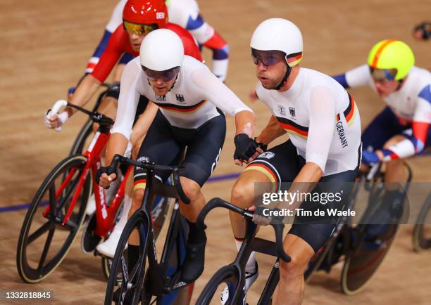 Theo Reinhardt and Roger Kluge of Team Germany compete during the Men's Madison final of the track cycling on day filthen of the Tokyo 2020 Olympic...