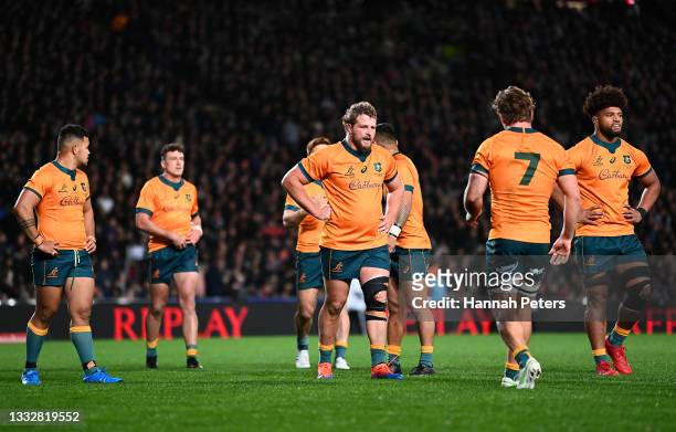 Wallabies look dejected during the Rugby Championship and Bledisloe Cup match between the New Zealand All Blacks and the Australia Wallabies at Eden...