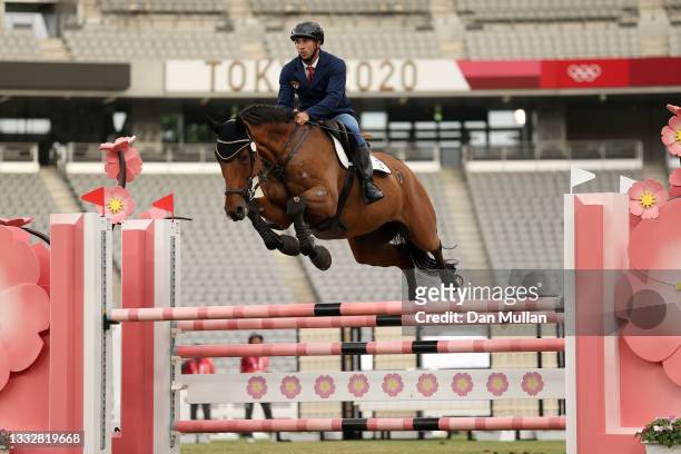 Lester Ders of Team Cuba competes Riding Show Jumping of the Men's Modern Pentathlon on day fifteen of the Tokyo 2020 Olympic Games at Tokyo Stadium...