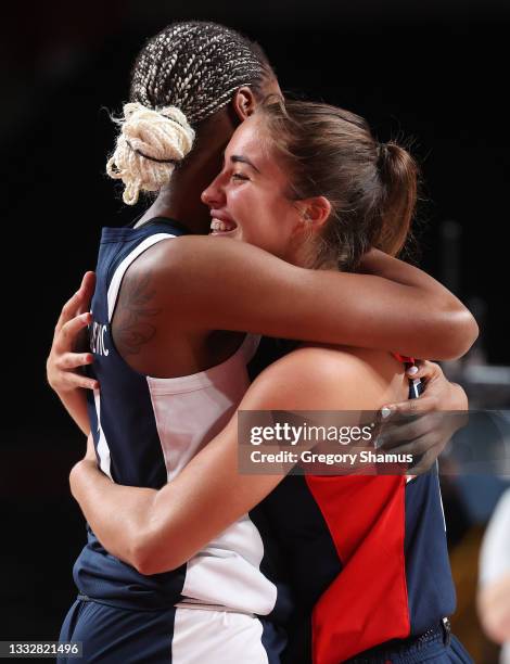 Valeriane Vukosavljevic of Team France hugs teammate Marine Fauthoux following France's win over Serbia in the Women's Basketball Bronze medal game...