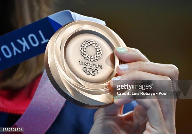 Detailed view of Hsiao-Wen Huang of Team Chinese Taipei bronze medal during the medal ceremony for the Women's Fly on day fifteen of the Tokyo 2020...