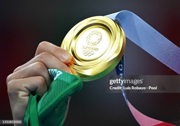 Detailed view of Stoyka Zhelyazkova Krasteva of Team Bulgaria gold medal during the medal ceremony for the Women's Fly on day fifteen of the Tokyo...