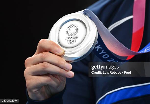 Detailed view of Buse Naz Cakiroglue of Team Turkey silver medal during the medal ceremony for the Women's Fly on day fifteen of the Tokyo 2020...