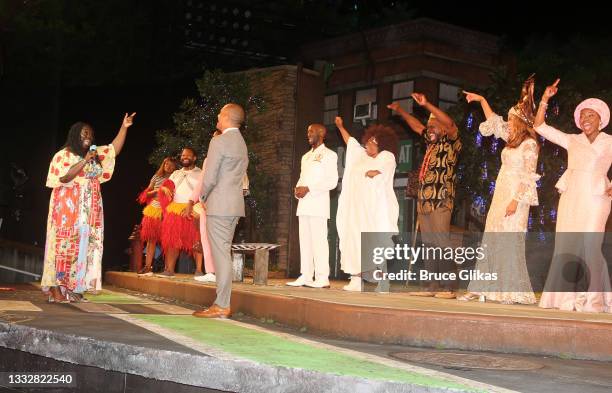 Jocelyn Bioh and Saheem Ali and cast during the Opening Night of Shakespeare In The Park's curtain call for "Merry Wives" at The Delacorte Theater on...