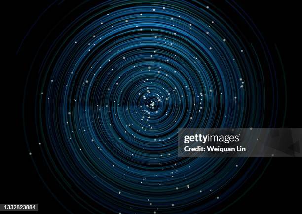 blue rotating lines and particles, directly above view - galaxy background stock-fotos und bilder