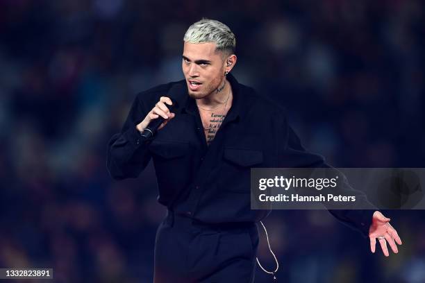 Stan Walker performs at half time during the Rugby Championship and Bledisloe Cup match between the New Zealand All Blacks and the Australia...