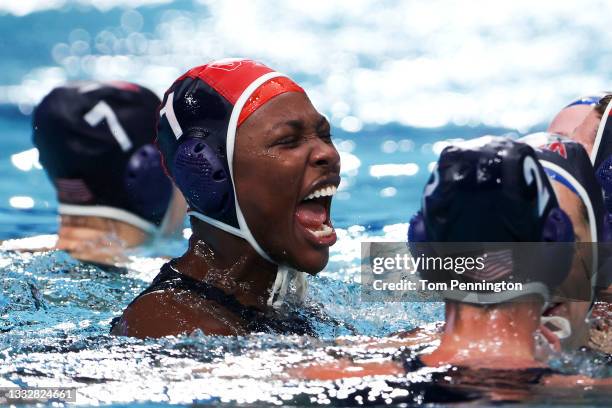 Ashleigh Johnson of Team United States celebrates the win during the Women's Gold Medal match between Spain and the United States on day fifteen of...