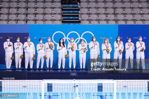 Gold medalists Team United States stand on the podium during the Women's Gold Medal match between Spain and the United States on day fifteen of the...