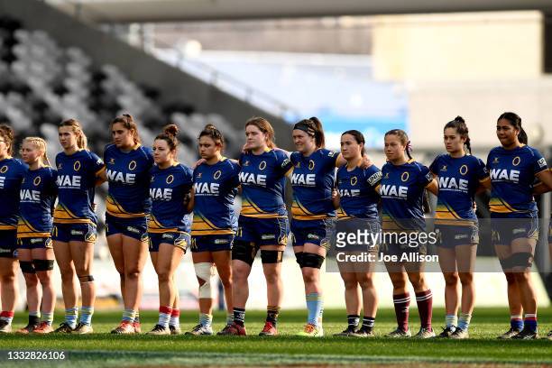 The Otago Spirit group up as Waikato perform a Haka during the round four Farah Palmer Cup match between Otago and Waikato at Forsyth Barr Stadium,...