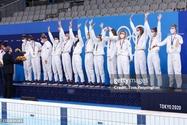 Gold medalists Team United States pose on the podium during the Women's Gold Medal match between Spain and the United States on day fifteen of the...