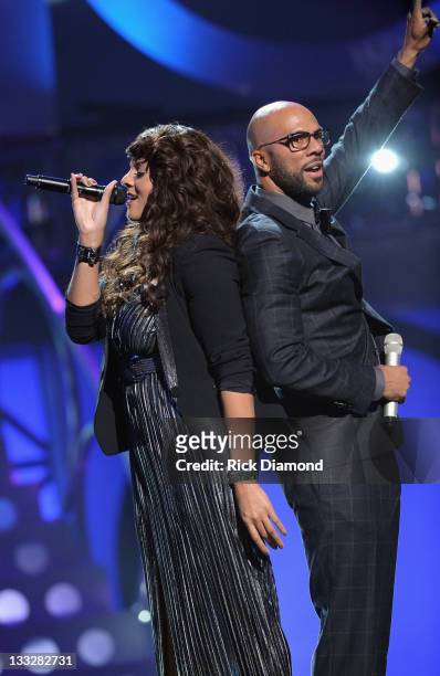 Marsha Ambrosius and Common perform during the 2011 Soul Train Awards at The Fox Theatre on November 17, 2011 in Atlanta, Georgia.