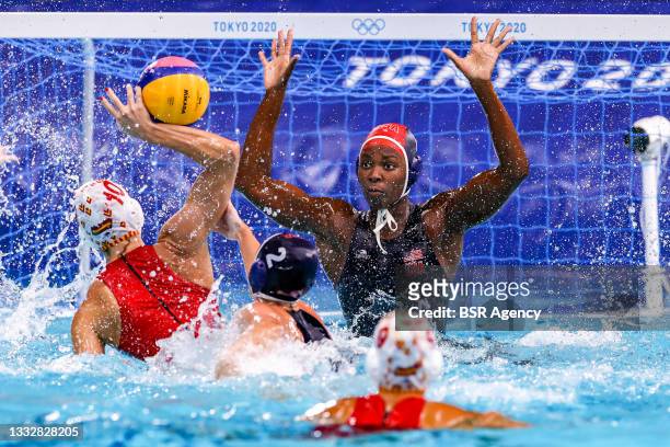 Roser Tarrago of Spain, Ashleigh Johnson of United States during the Tokyo 2020 Olympic Waterpolo Tournament Women's Gold Medal match between Spain...