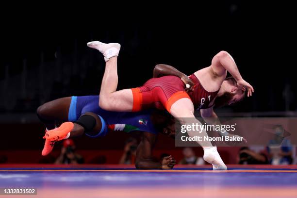 Jordan Steen of Team Canada competes against Abraham De Jesus Conyedo Ruano of Team Italy during the Men's 97kg Freestyle Repechage on day fifteen of...