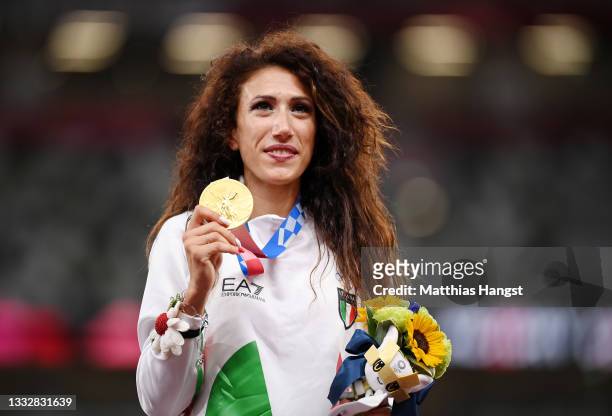 Gold medalist Antonella Palmisano of Team Italy stands on the podium during the medal ceremony for the Women’s 20km walk on day fifteen of the Tokyo...