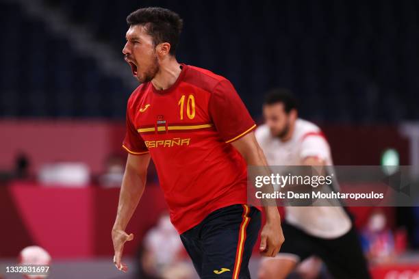 Alex Dujshebaev Dovichebaeva of Team Spain celebrates winning after final whistle of the Men's Bronze Medal handball match between Egypt and Spain on...