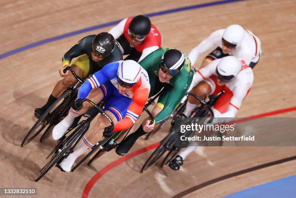 Sebastien Vigier of Team France competes during the Men's Keirin first round, heat 3 of the track cycling on day filthen of the Tokyo 2020 Olympic...