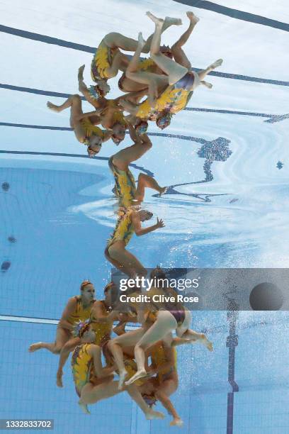 Team Spain compete in the Artistic Swimming Team Free Routine on day fifteen of the Tokyo 2020 Olympic Games at Tokyo Aquatics Centre on August 07,...