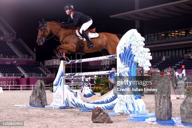 Harry Charles of Team Great Britain riding Quel Filou 13 competes in the Jumping Team Final at Equestrian Park on August 07, 2021 in Tokyo, Japan.