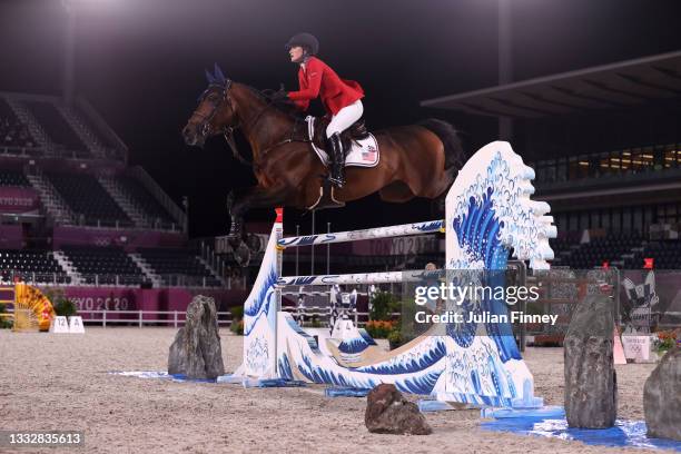 Jessica Springsteen of Team United States riding Don Juan Van de Donkhoeve competes in the Jumping Team Final at Equestrian Park on August 07, 2021...