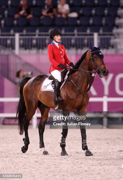 Jessica Springsteen of Team United States riding Don Juan Van de Donkhoeve competes in the Jumping Team Final at Equestrian Park on August 07, 2021...