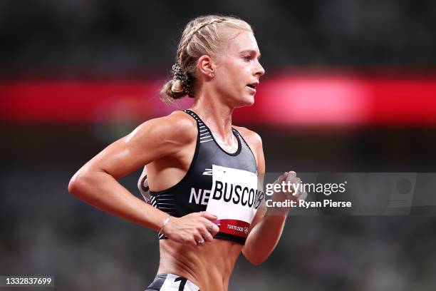 Camille Buscomb of Team New Zealand competes in the Women's 10,000m Final on day fifteen of the Tokyo 2020 Olympic Games at Olympic Stadium on August...