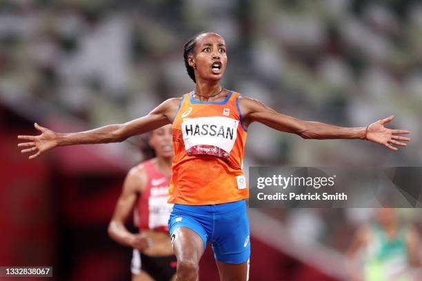 Sifan Hassan of Team Netherlands celebrates as she wins the gold medal in the Women's 10,000m Final on day fifteen of the Tokyo 2020 Olympic Games at...