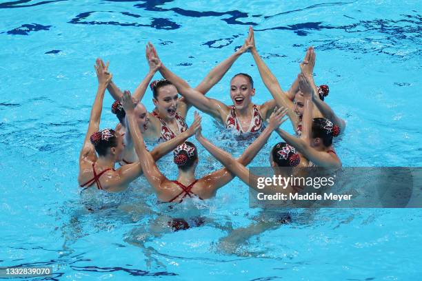 Team Canada compete in the Artistic Swimming Team Free Routine on day fifteen of the Tokyo 2020 Olympic Games at Tokyo Aquatics Centre on August 07,...