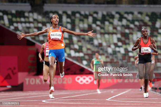 Sifan Hassan of Team Netherlands celebrates as she wins the gold medal in the Women's 10,000m Final on day fifteen of the Tokyo 2020 Olympic Games at...