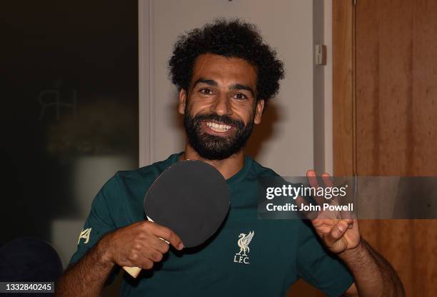 Mohamed Salah of Liverpool winner of the Table Tennis Tournament at Their Pre-Season Training Camp on August 06, 2021 in Evian-les-Bains, France.