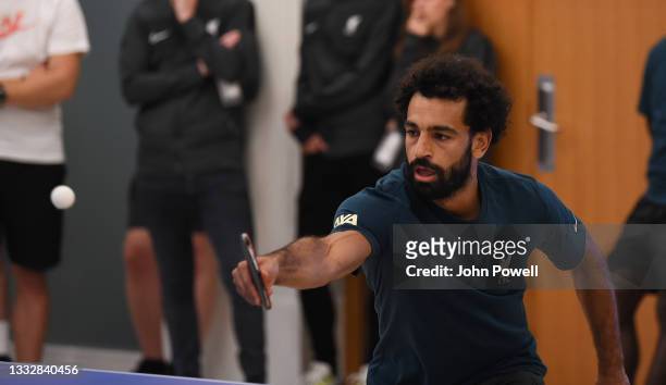 Mohamed Salah of Liverpool during a Table Tennis Tournament at Their Pre-Season Training Camp on August 06, 2021 in Evian-les-Bains, France.