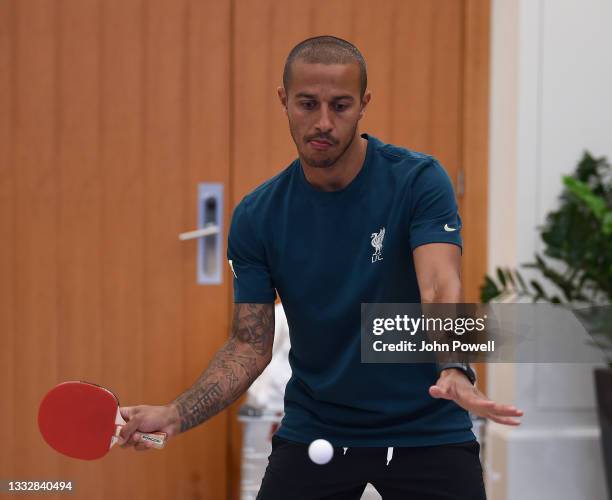 Thiago Alcantara of Liverpool during a Table Tennis Tournament at Their Pre-Season Training Camp on August 06, 2021 in Evian-les-Bains, France.